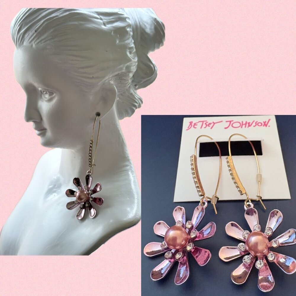 Betsey Johnson Metallic Pink Flower Crystal & Faux Pearl Shepherd Hook Earrings